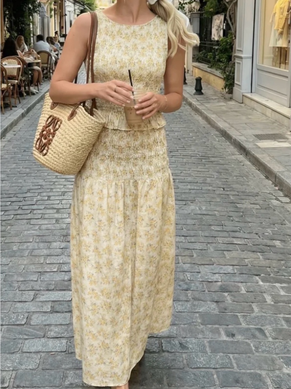 PRIV Sleeveless Cream & Yellow Floral Skirt and Top set